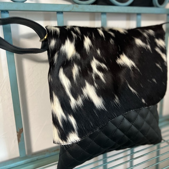 New Genuine Cowhide & Quilted Leather Crossbody Flap Bag Western Festival Black - Picture 12 of 16
